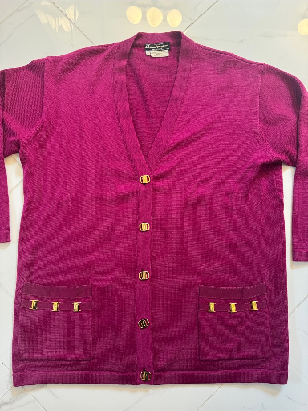 Salvatore Ferragamo Magenta Wool Button Cardigan with Gold Hardware